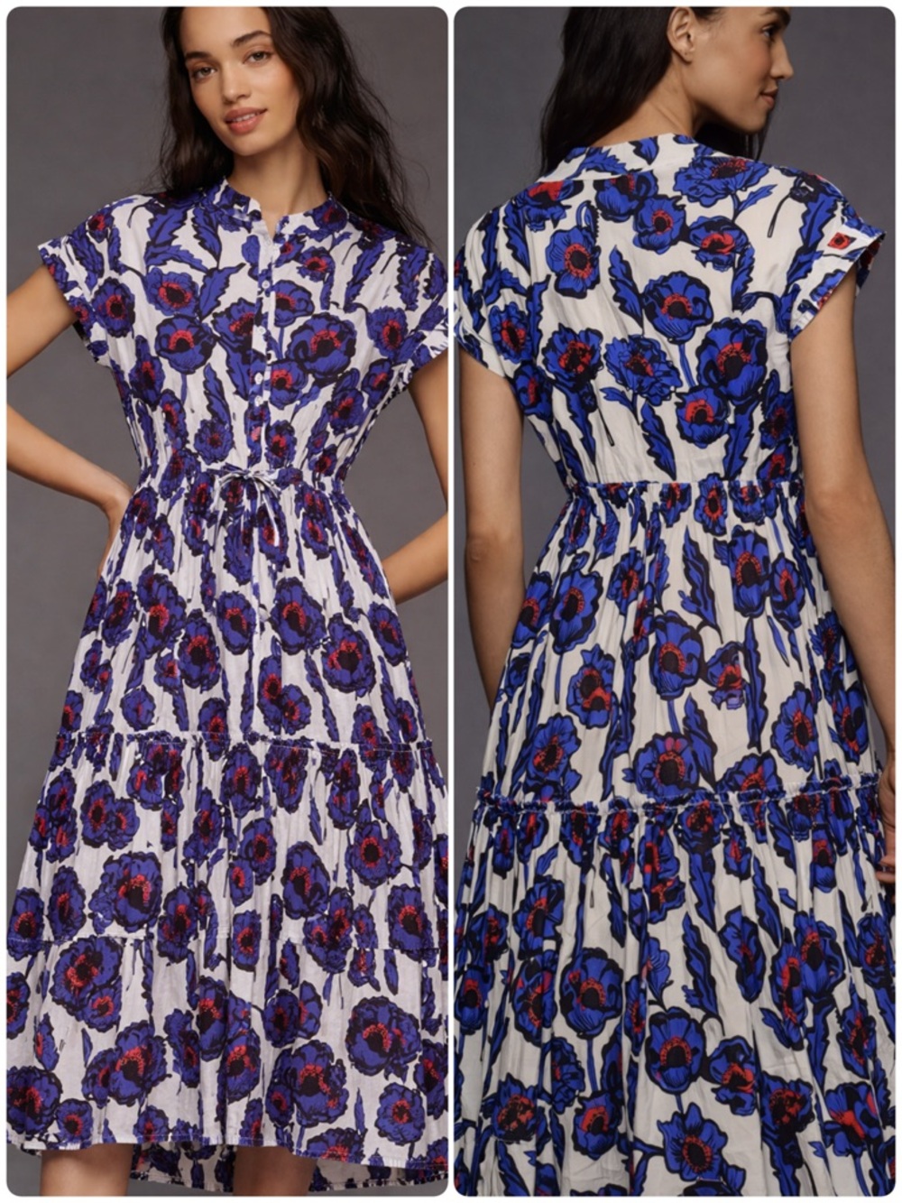 Anthropologie Ro’s Garden Cotton Mumi Cap-Sleeve Midi Dress Blue Red Floral XS
